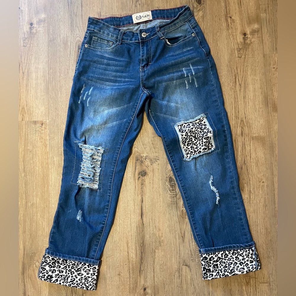 L&B Blue Distressed Boyfriend Jeans with Leopard Cuffs
